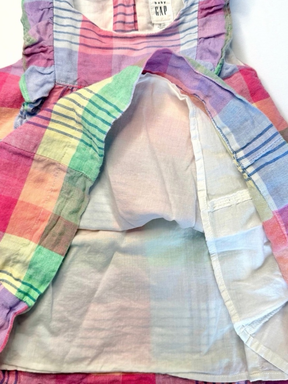 BABY GAP Dress Ruffle Sleeve Plaid A-Line Pink Purple Blue Yellow 12-18 Months - Picture 4 of 5